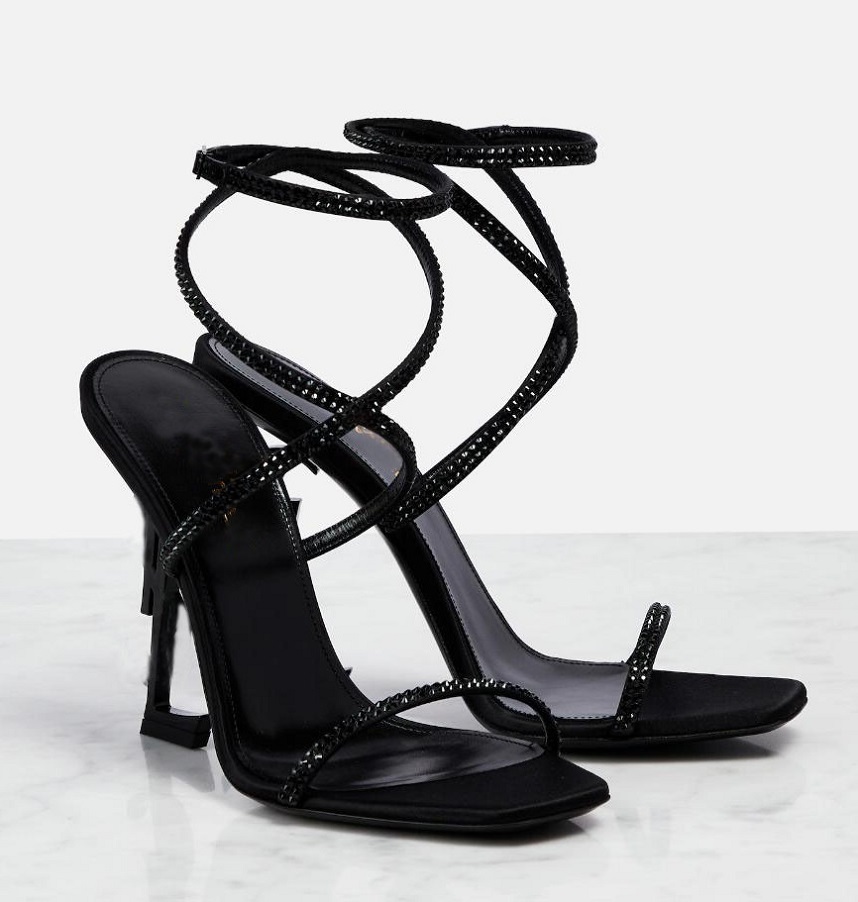 Designer Luxury Women's Sandals Black Crystal Decorative Letter Women's High Heels Sandals-image-875627082