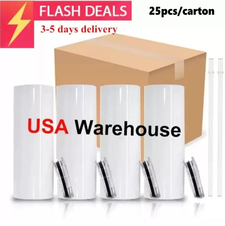

USA Warehouse 20oz Blanks Sublimation Tumbler Stainess Steel Coffee Tea Mugs Insulted Water Cup With Plastic Straw And Lid, White