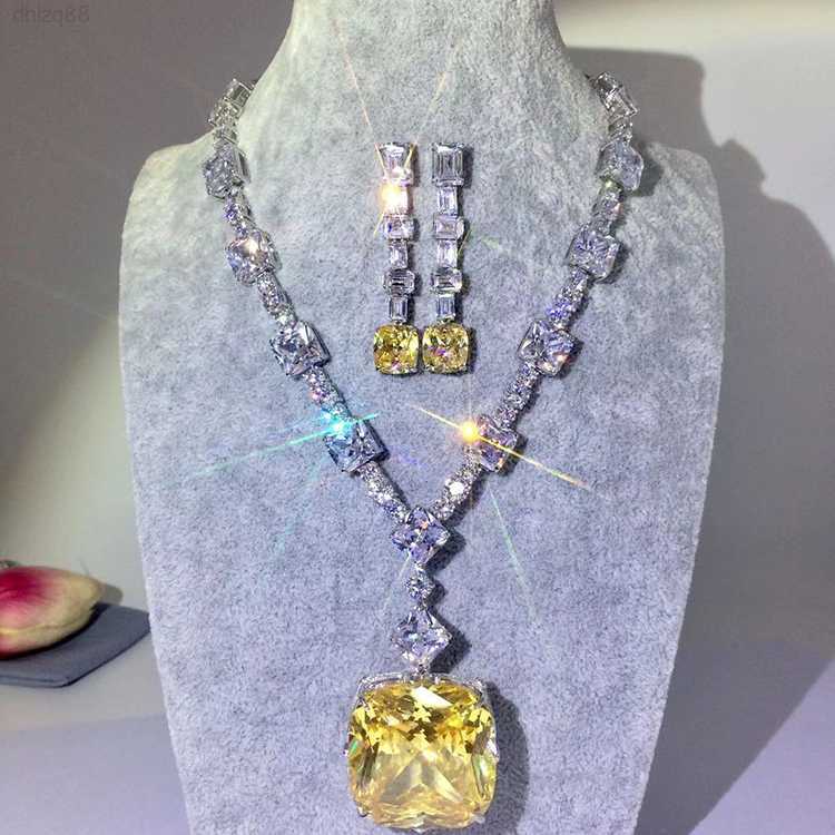 

Luxury Simulated Diamond Super Big Gemstone Necklace 925 Sterling Silver Party Necklace Yellow Square Zircon Pendant Necklace