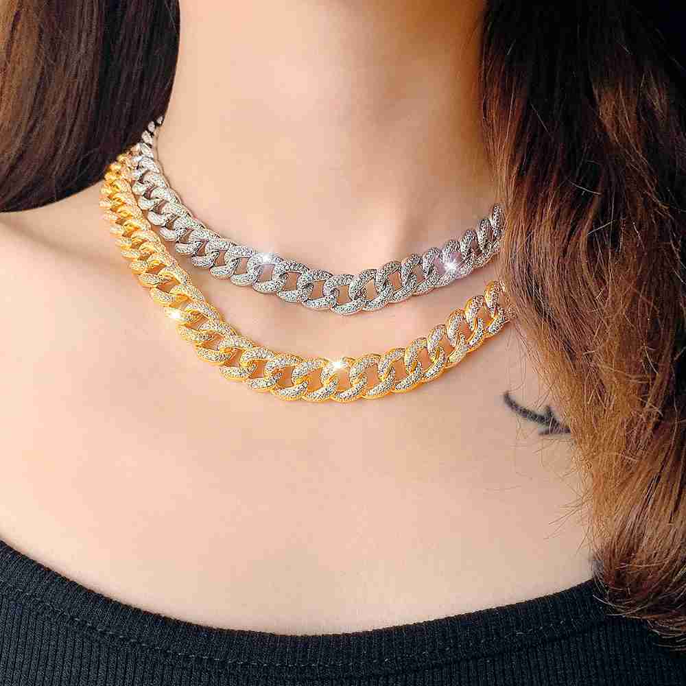 

Hip Hop Jewelry Luxury Full Diamond Gold Cuban Chain Men Necklace Classic Silver Icy Out Gemstone Women Link Chain Necklace