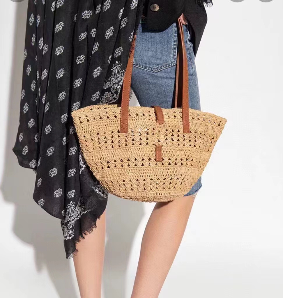 

Summer New Beach Bag Straw Shopping Totes Retro Classic Khaki Color Raffia Famous Brand Designer Travel Vacation Sling Shoulder Bags 2394, Black