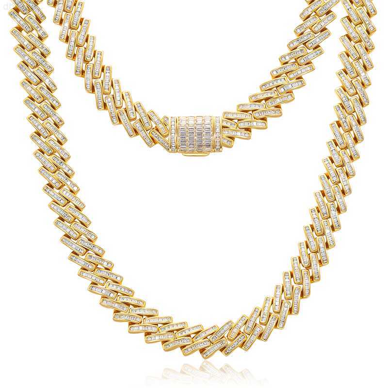

Drop Shipping 16mm Gold Plated Pure Silver Baguette Cz Stone Cuban Chain Necklace Iced Out Non Tarnish Necklace