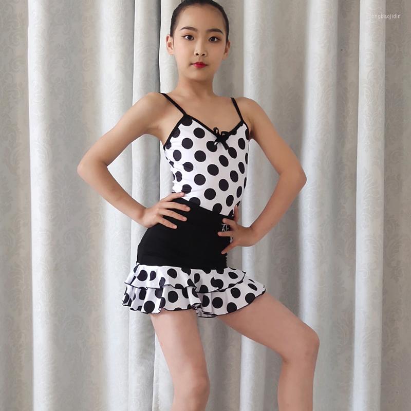 

Stage Wear Latin Dance Costumes Summer Girls Sling Training Skirt Wave Point Split Suit Practice Performance Dress DN12023, Picture shown