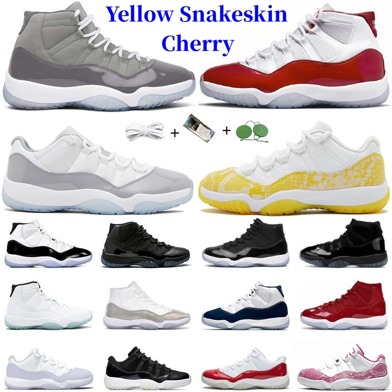 

Jumpman 11 11s Yellow Snakeskin Basketball Shoes Low Cement Grey Cherry Midnight Navy Cool Grey Cap and Gown DMP Concord Bred Men Women Trainers Sport Sneakers 36-47, 38