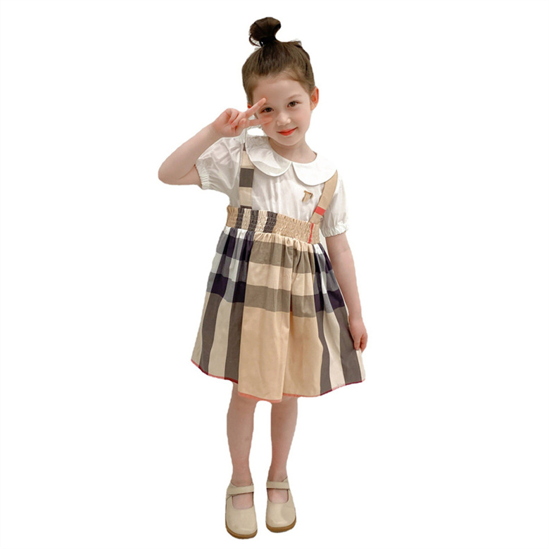 

New high-end girl skirt brand designer girl skirt alphabet print sewing design short sleeve pleated skirt Summer Girl G1#90CM-140CM, B11