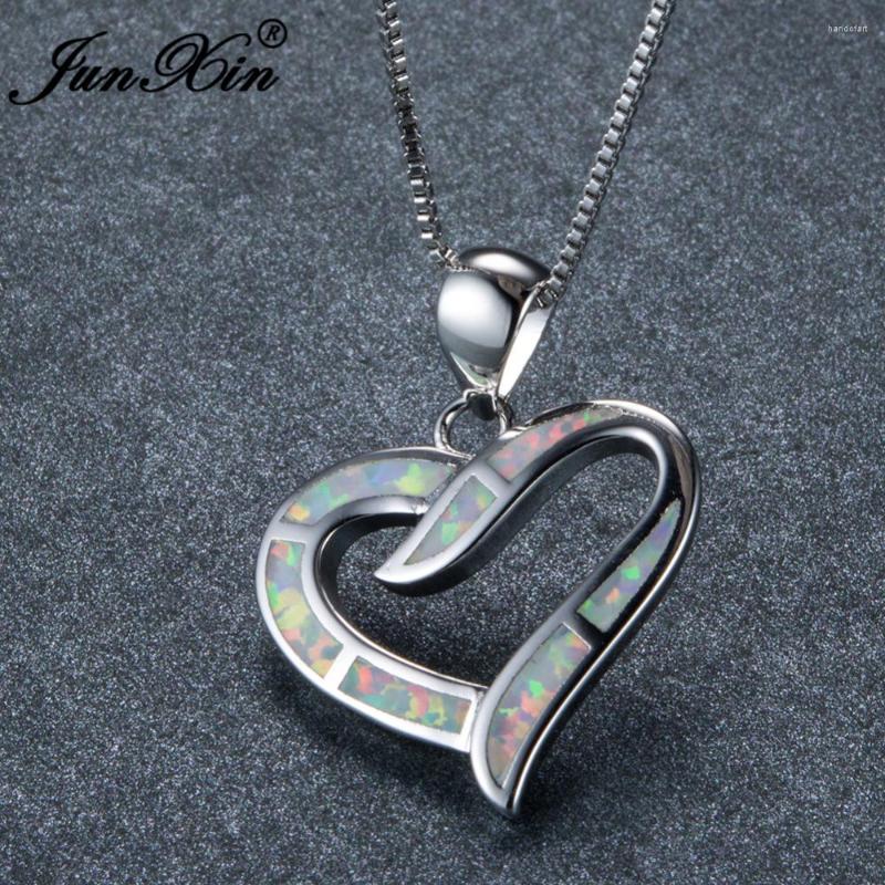 

Pendant Necklaces JUNXIN Romantic Silver Color Heart Necklace For Women White/Blue Fire Opal Pendants Engagement Jewelry Lover Gifts