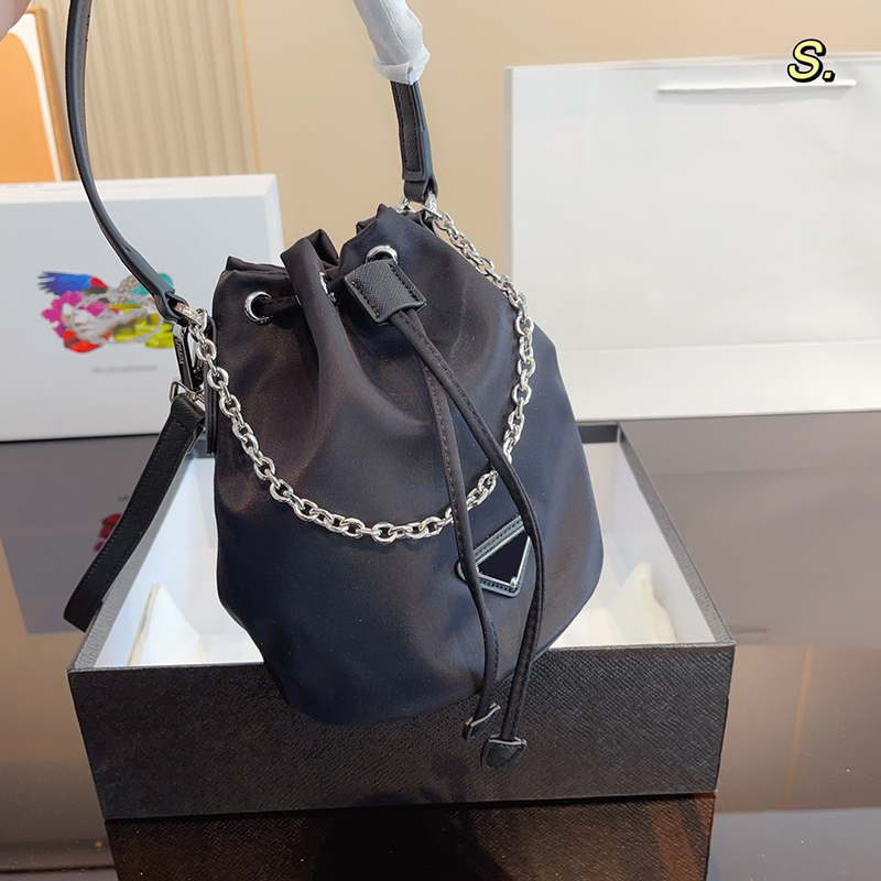 

Nylon Bucket Bag Women Drawstring Handbags Purse Leather Shoulder Strap Handle Brand Triangle P Sign Waterproof Crossbody Bags 2305071BF, P-black
