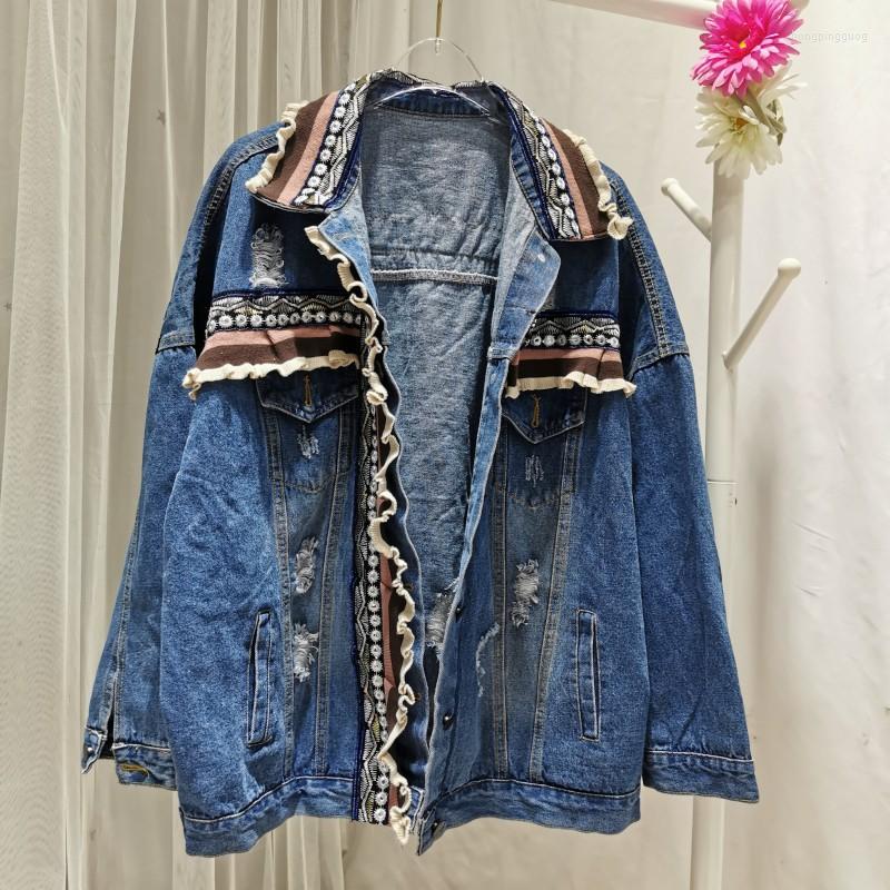 

Women's Jackets Spring And Autumn Loose Denim Jacket Women Holes Jeans Coats Y717, Blue