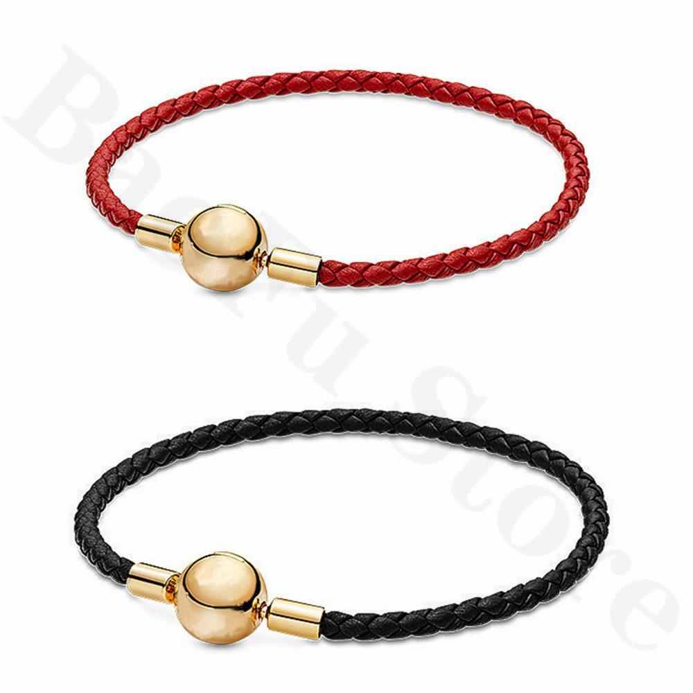 

2023 New 925 Sterling Silver High Quality Leather Bracelet Watch Strap Red or Black Suitable for Original Charming Female Couples DIY Pandora Jewelry