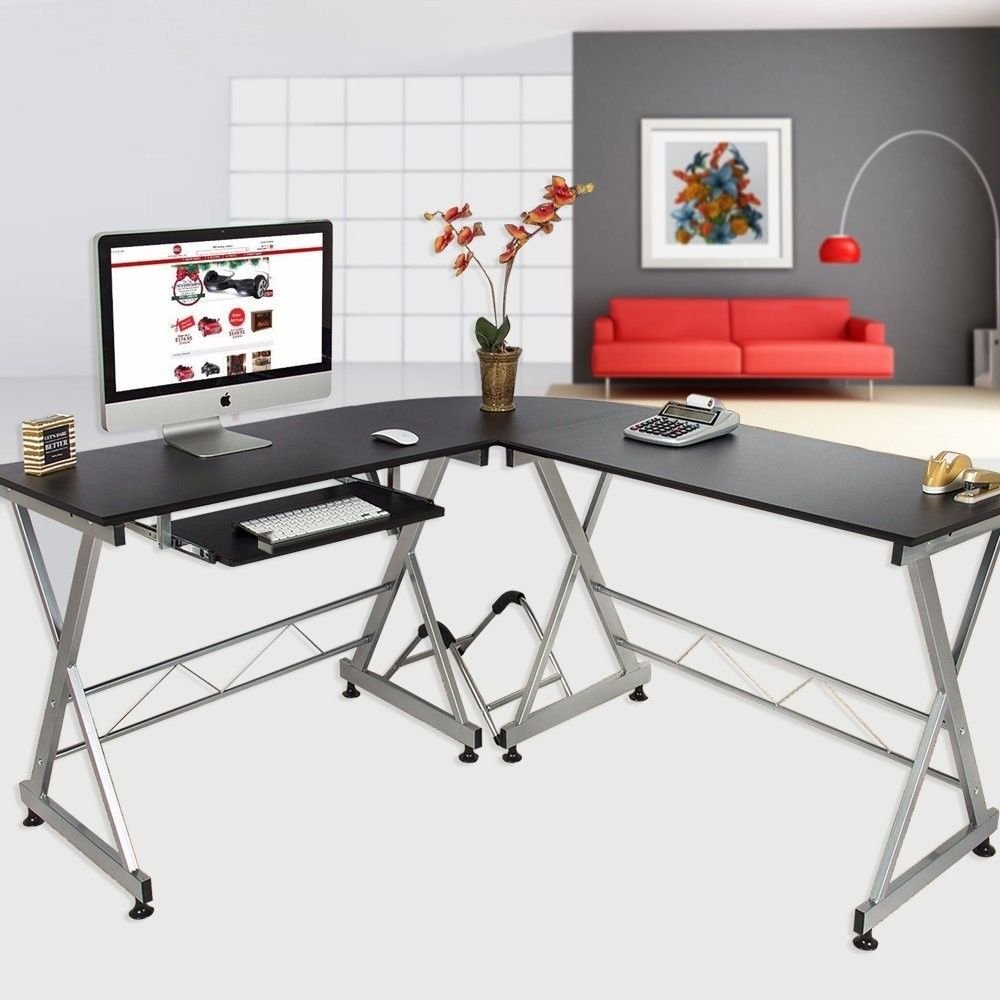 

Modern L-Shaped Desk, Corner Computer Desk PC Latop Study Table Workstation Home Office Wood Metal, Black