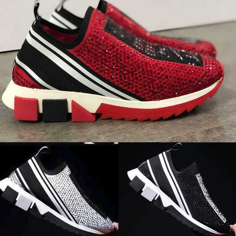 

2023 Designer Shoes Mens Slip-on Sneaker Training Rhinestones Crystals Slip-on Sneaker Stretch Mesh Black White Red Glitter Runner Flat Trainers With Box NO442