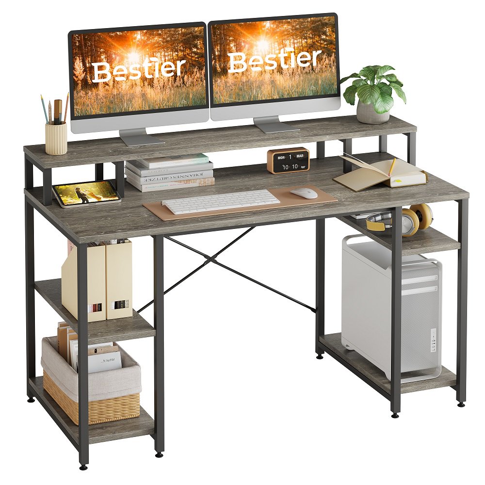 

55 inch Computer Desk with Monitor Shelf Home Office Desk Grey