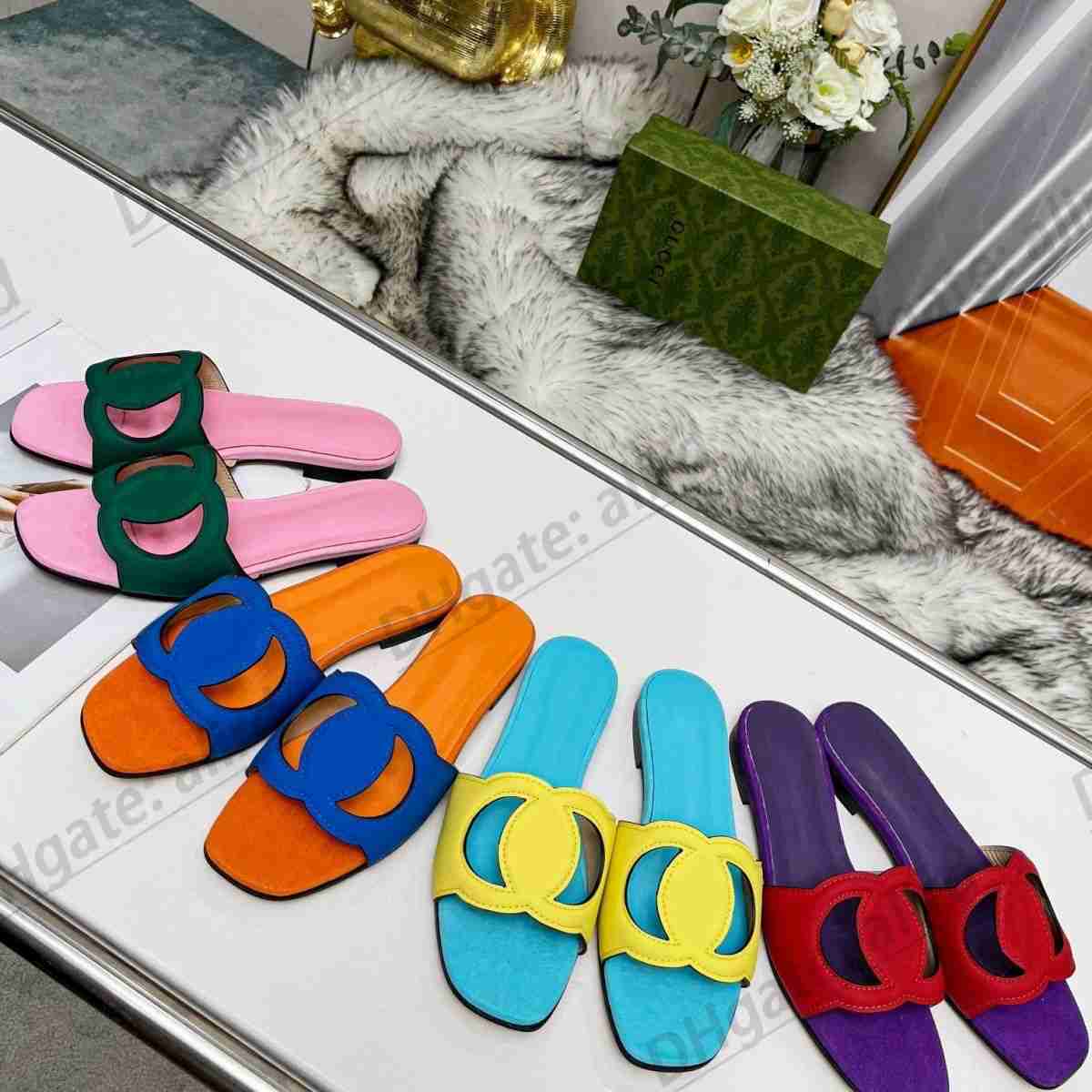 

Luxury shoe designer woman slipper Interlocking G Flat cut-out beach flat man slide classic colorful lady comfort easy to wear flat sandal leather, #1