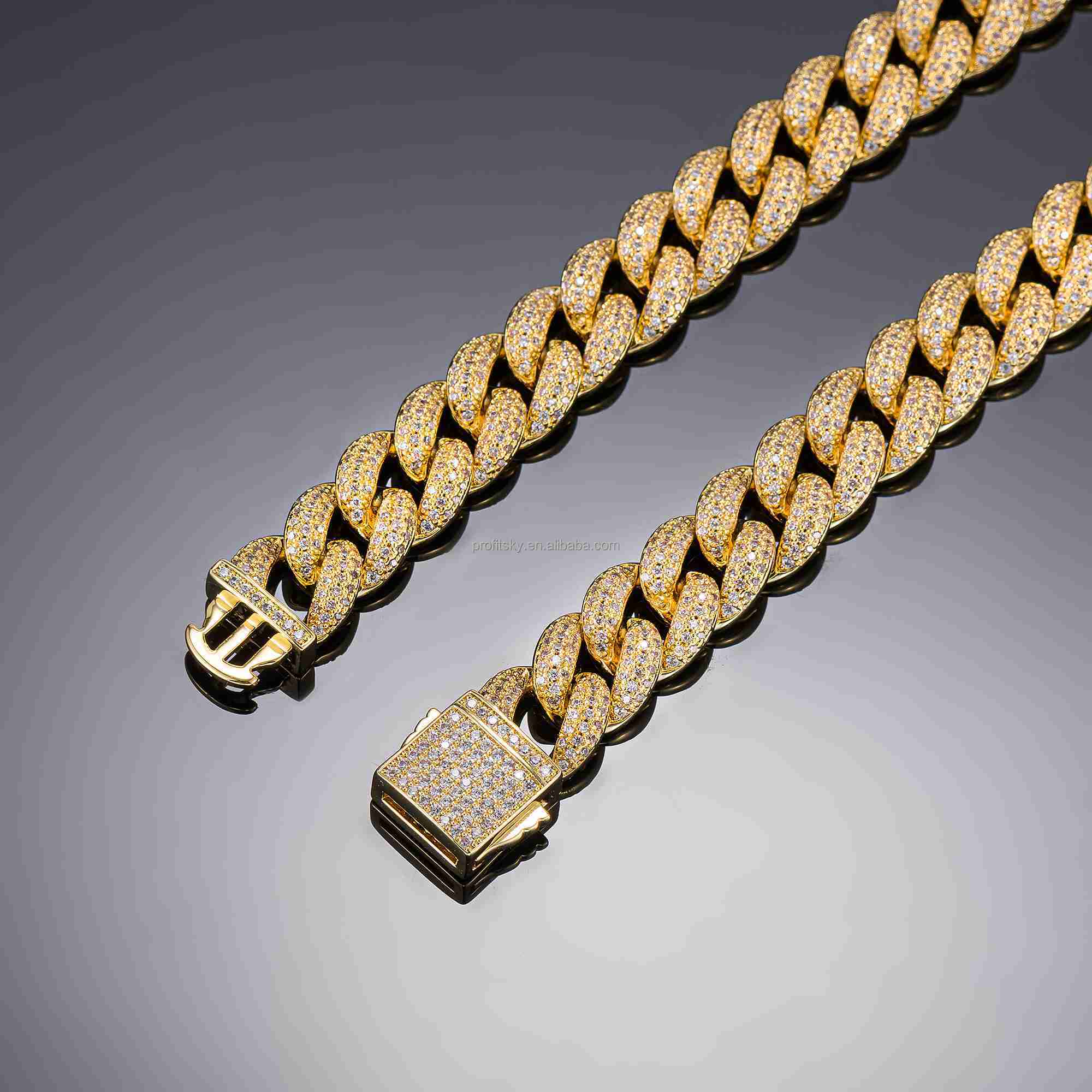 

Wholesale High Quality 10mm Fashion Hip Hop Necklace Baguette Miami Iced Out Moissanite Diamond Gold Cuban Link Chain for Men