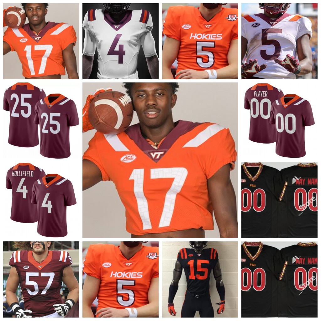 

NCAA Virginia Tech Hokies Football Jersey Custom 3 Braxton Burmeister Grant Wells Raheem Blackshear Tayvion Robinson Tre Turner Alan Tisdale Michael Vick Freeman, Red 5