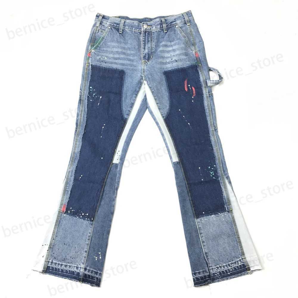Men's Jeans Blue Multicolor Paint Splatter Flared Jeans Men Patchwork Trousers Eight-Pocket Styling T230508