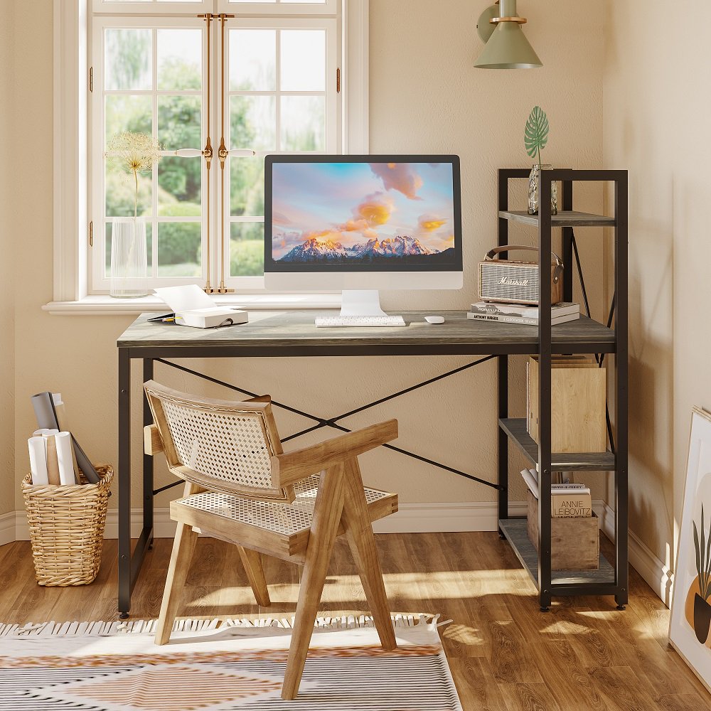 

55 inch Computer Desk with 4-Tier Shelves Craft Table Writing Study Table, Gray