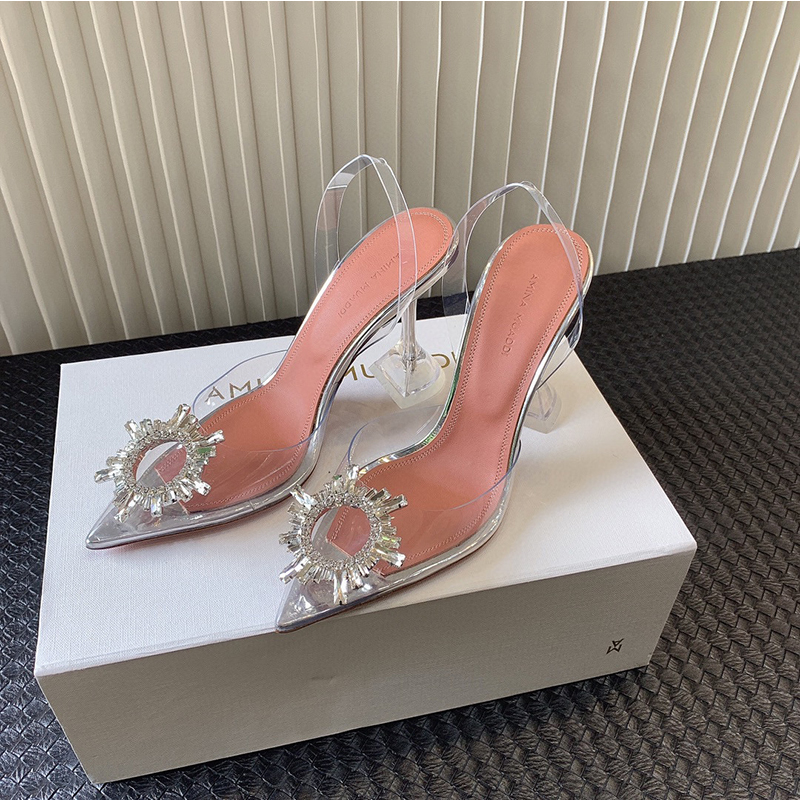 

Amina muaddi Begum Crystal-Embellished PVC Pumps shoes spool stiletto Heels sandals women's Luxury Designers Dress shoe Evening Slingback strap factory footwear, Color 16