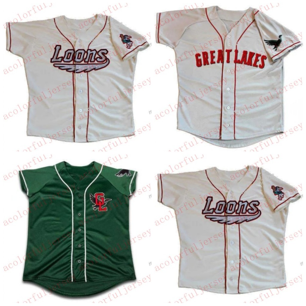 

Custom Stitched NEW College Baseball Wears Mens Great Lakes Loons White Green Custom Double Stitched Shirts Baseball Jerseys High-quality, Mens whtie2