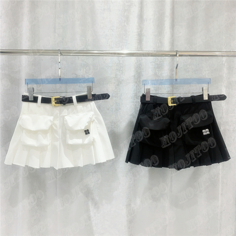 

Women Pleated Dress Mini Skirt With Belt Workwear Pocket Letter Embroidery High Waist Short Dress Ladies Party Sexy Skirts, Black