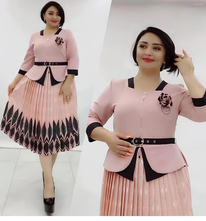 

Ethnic Clothing XL-4XL Summer African Elegant Half Sleeve Polyester Printing Dress Blue Pink Dresses For Women OL Clothes