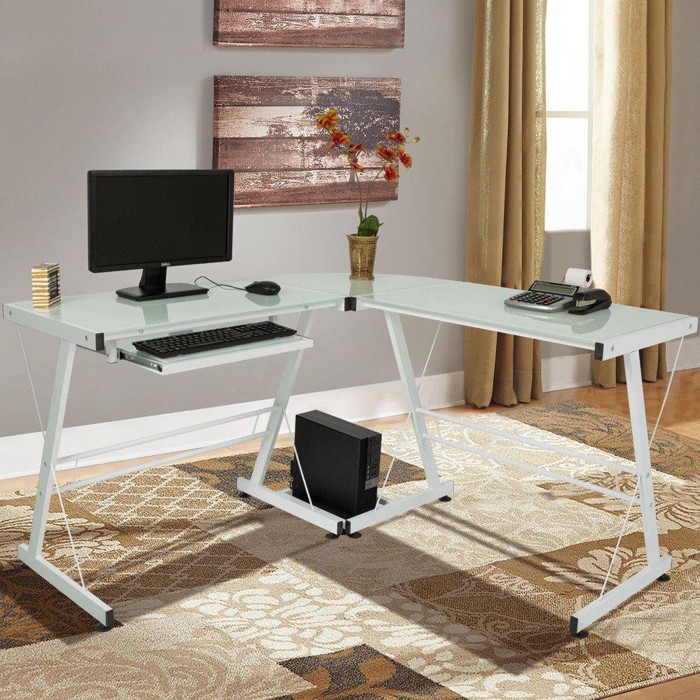 

L-Shape Corner Computer Desk PC Glass Laptop Study Table Workstation Home Office