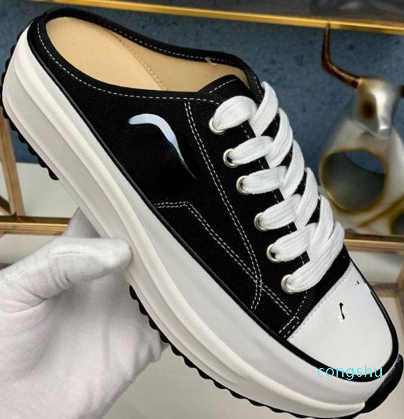

Thick Soled Half Support Shoes 2023 Summer Patchwork Color Lazy One Pedal Cake Soled Canvas Shoes Female, Black