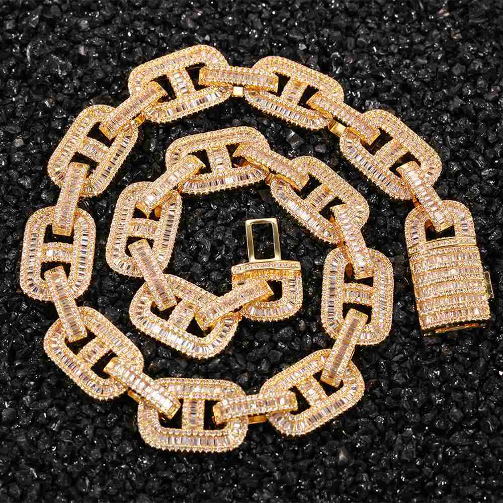 

Rts New Design 15mm Hollow Rectangle Gold Silver Rose Gold Color Baguette Cuban Link Chain Necklace with Box Clasp
