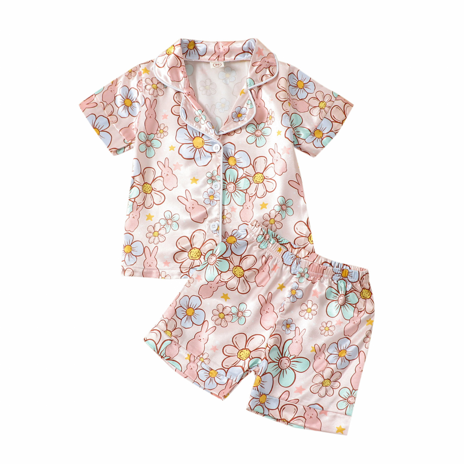 Ensembles de vêtements Pudcoco 2 Pcs Infant Enfants Bébés Filles Pyjamas De Pâques À Manches Courtes Imprimé Floral Bouton Chemises Et Shorts Vêt