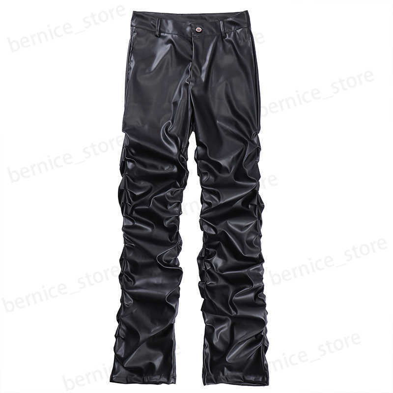 Men's Pants Black Mens High Street Straight Casual Pencil Faux Leather Pants T230508