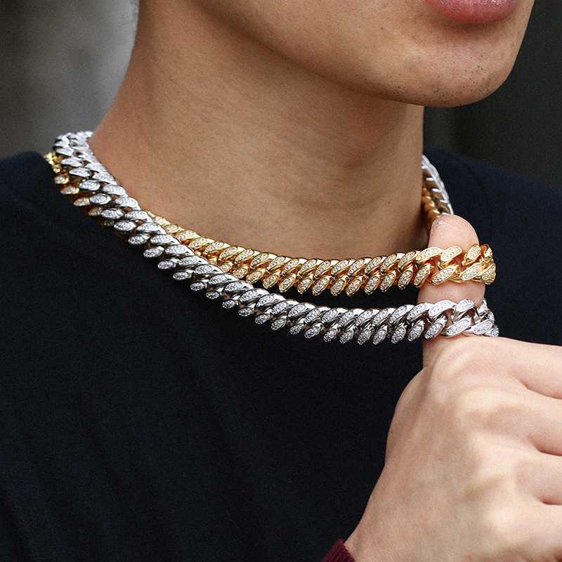 

14mm Vvs Moissanite Iced Out Diamond Gold Color Chain Necklace 925 Sterling Silver Men Necklace Miami Cuban Link Chain
