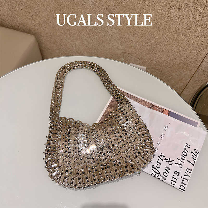 Metal Shiny Handwoven Sequin Dumpling Shoulder Underarm Bag Mobile Phone Bag Women's Handbag Evening Bling Bag Messenger Bag 230508