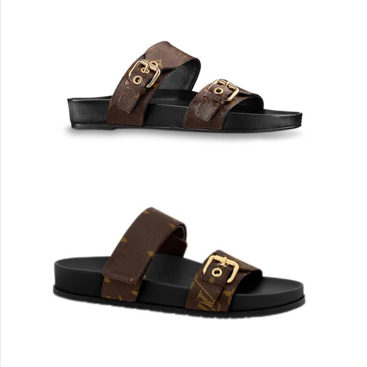 

BOM DIA COMFORT designer Slippers Leather sandal Slides 2 Straps with Adjusted Gold Buckles Women Summer flip flops have box size 42