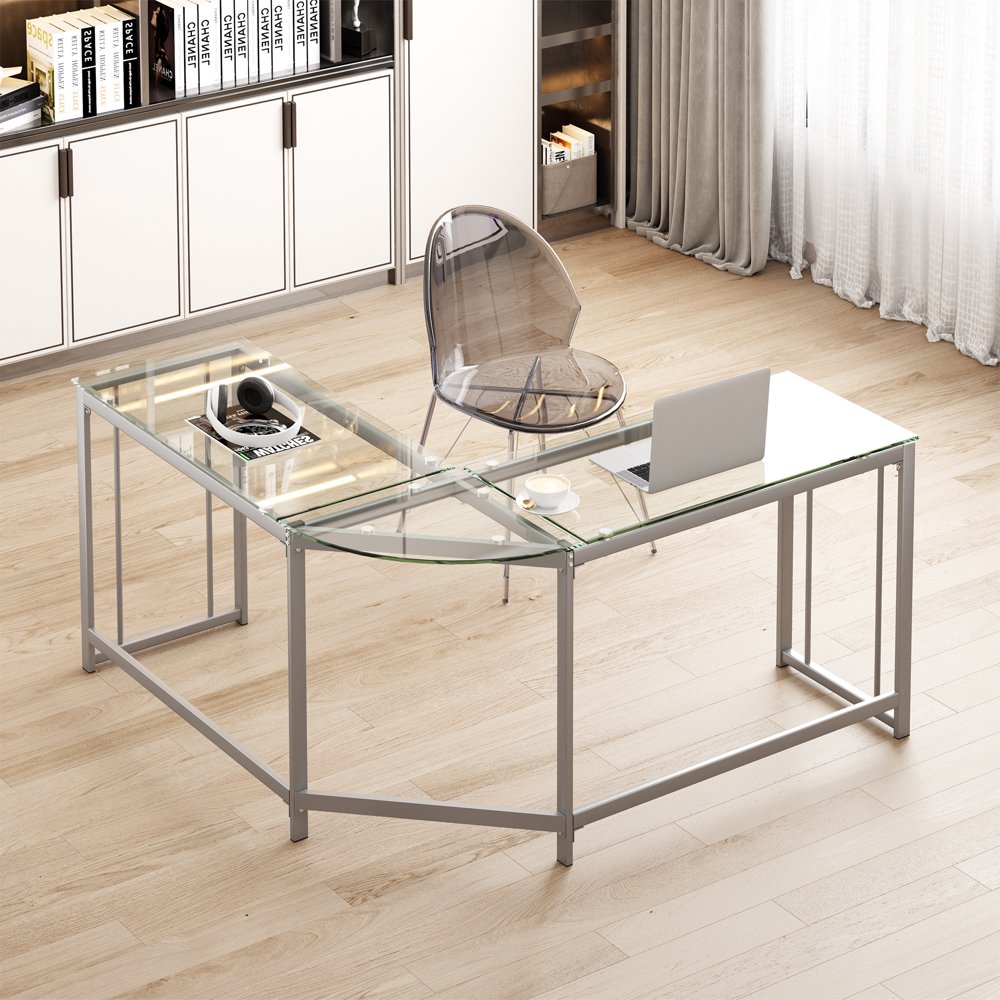 

59 inches L-Shaped Desk with Tempered Glass Computer Desk L Glass Table Corner Desk