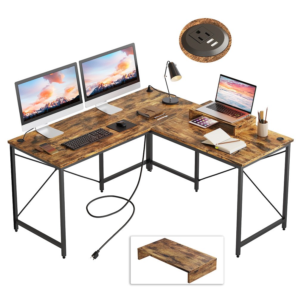 

95 2 inch L Shaped Desk with Power Outlet Monitor Stand Rustic