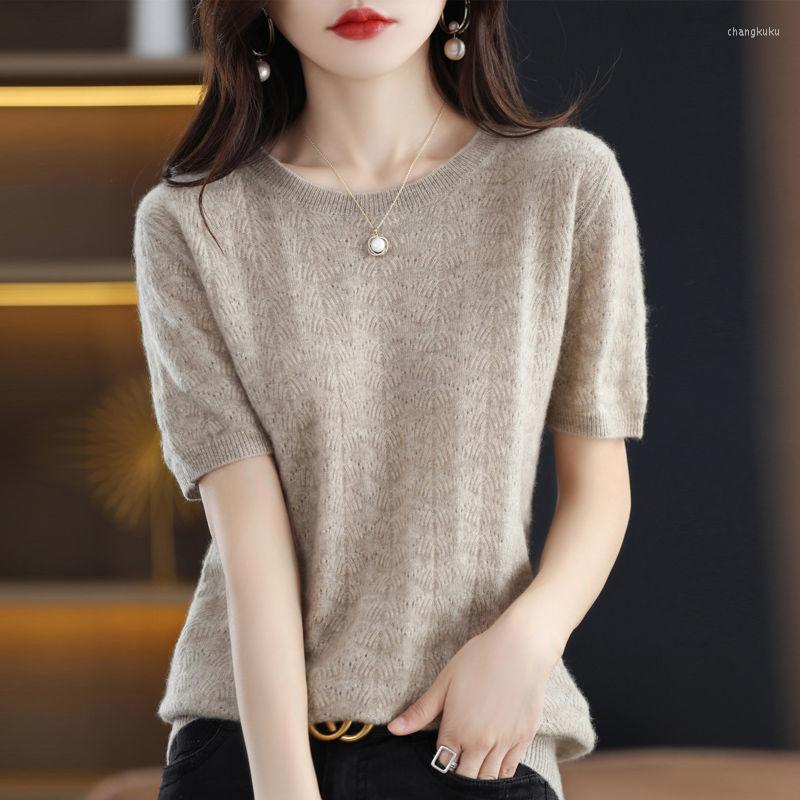 

Women's T Shirts Vintage Summer O-neck Sweater Women's Knitted Pullover T-shirt Wool Short Sleeve 2023 Tshirt Women Clothing Fashion Y2k, Beige