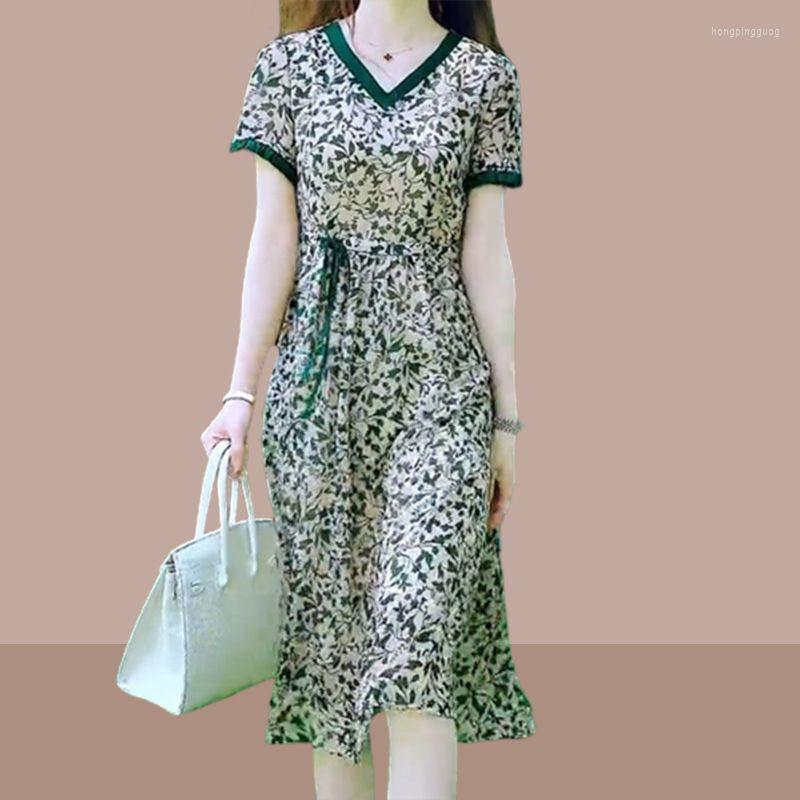 

Party Dresses Elegant V-Neck Spliced Lace Up Bow Vintage Dress Women' Clothing 2023 Summer Oversized Loose Office Lady Floral, Green