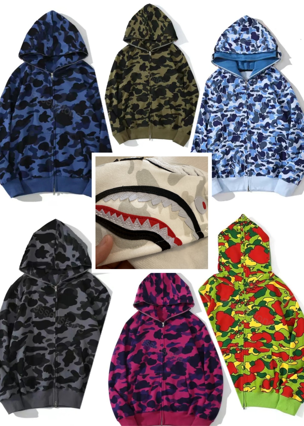 

23-3 Newest Mens Designer Hoodie Full Zip Up Shark Hoodies for Woman White Camouflage Jacket Blue Hoody Sweatshirt Man Womens Sweater Long Sleeve Tech Fleece Cardigan, The same as real