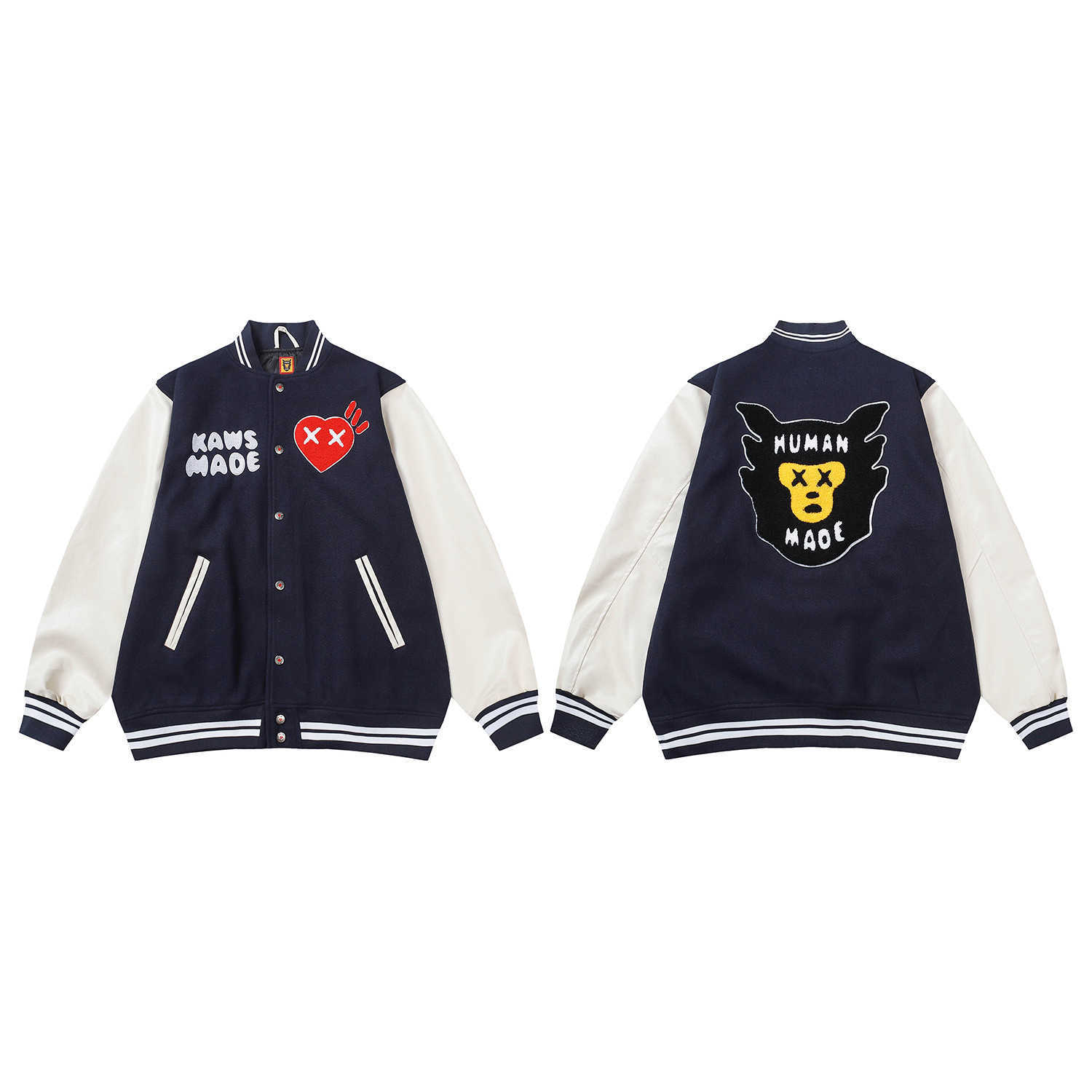 

Men's Jackets Nigo Human Made Kaws vintage leather sleeve baseball for men and women T230508