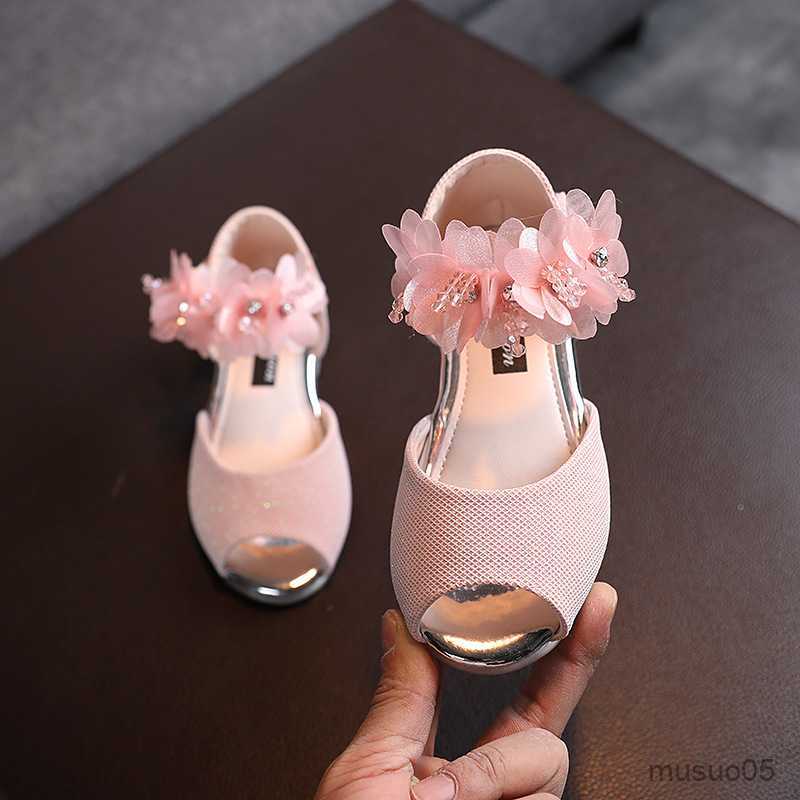 

Sandals Children's Sandals Girls Rhinestone Flower Fish Mouth Princess Little Girl Soft-soled Dance Shoes, Beige