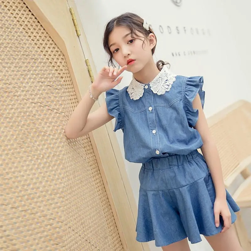

Sets Suits Girls Denim Suit 2023 Summer Baby Short Sleeve Blouse s 2 Pc Set Children Wid leg Pants Kids Outfits 230508, Sky blue