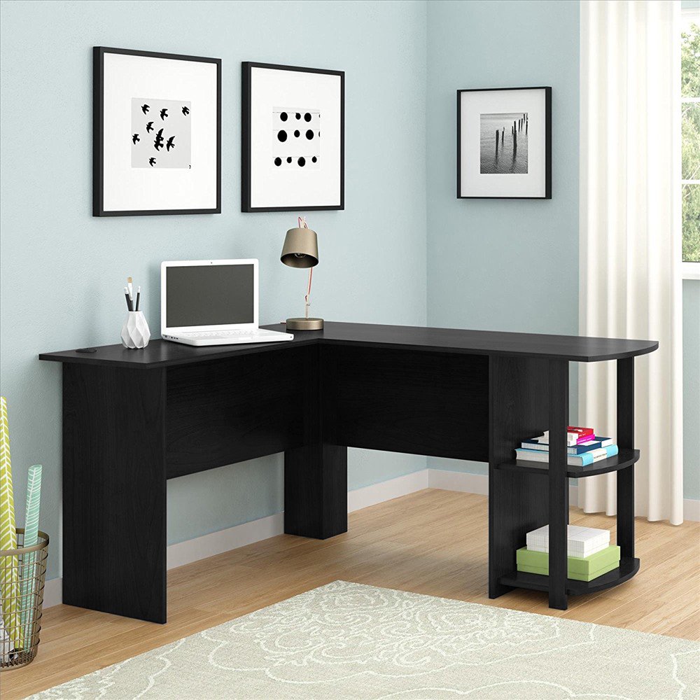 

L-Shaped Computer Desk Office Workstation Laptop Wooden Table 2-Layer Bookshelves