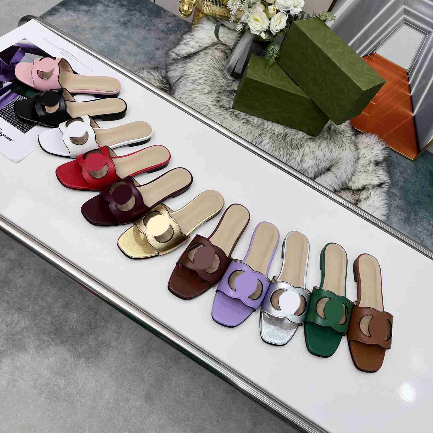 

Made in Italy Women Interlocking Slippers G cut-out slide sandal Calf Leather Sexy Flat Ladies Fashion Cutout Wear Shoes