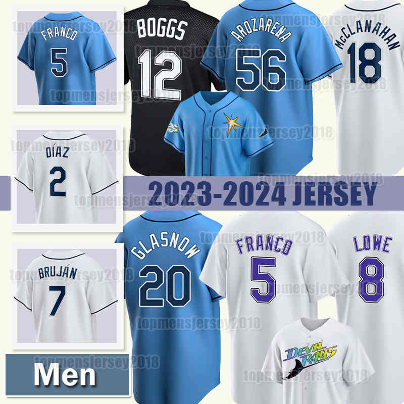 

56 Randy Arozarena Baseball Jersey Wander Franco 12 Wade Boggs Tampa Bay Shane McClanahan Ryan Thompson Tyler Glasnow Josh Brandon Lowe Rays Harold Ramirez Jose Siri, Men jersey(g m)