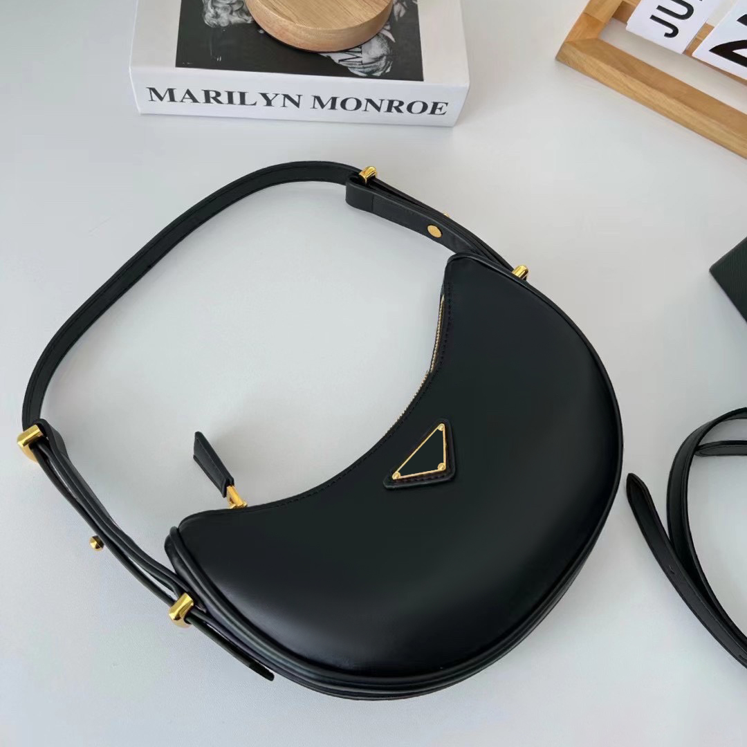 

womens pochette half moon bag triangle prad designer shoulder underarm bag Luxury handbag mens crossbody Croissant bags Genuine Leather chest hobo tote clutch bags, Black
