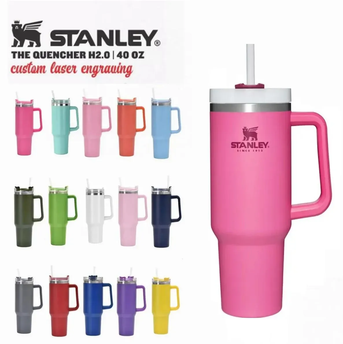 

1Pc Ready To Ship Stanley Mugs 40oz Adventure Quencher Tumbler With Logo Big Grid Handle Vacuum Travel Mug Stay Ice-cold tt0506, Custom