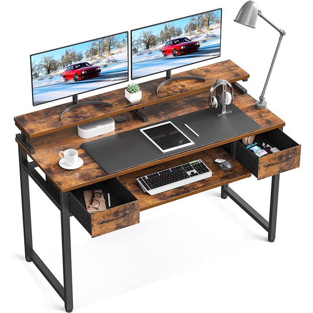

Computer Desk with Keyboard Tray, 48 inch Home Office Desk with Drawers, Modern Work Study PC Desk with Monitor Shelf, Rustic Brown
