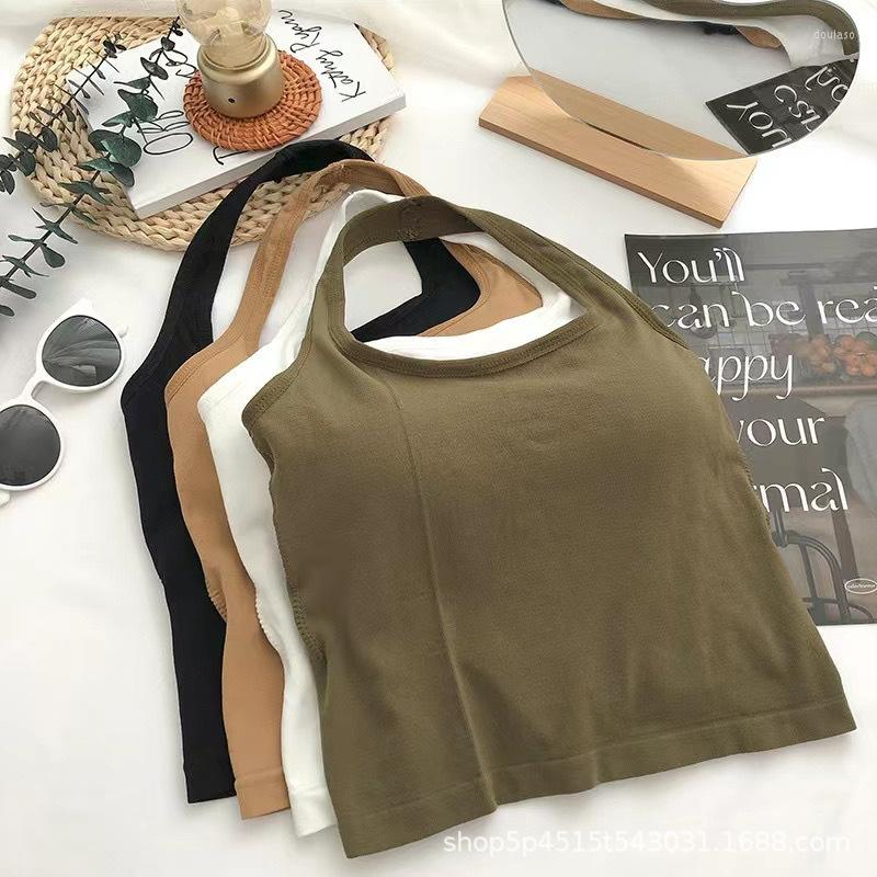 

Camisoles & Tanks Solid Hanging Neck Vest Open Back Suspender Chest Pads Tube Top Wireless Bottom Bra Sleeveless Slim Short Tank Corset, Black