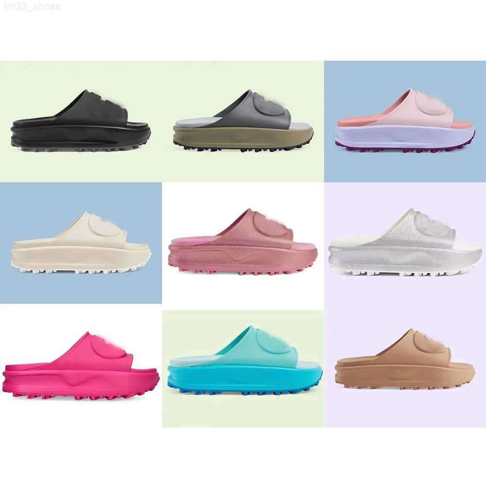 

2023 Metallic Rubber Slide Slippers with Interlocking G Design Rose Pink Womens Embossed Sandal Macaron Platform non-slip Low-heel Slider Latest Silver Rubber sole