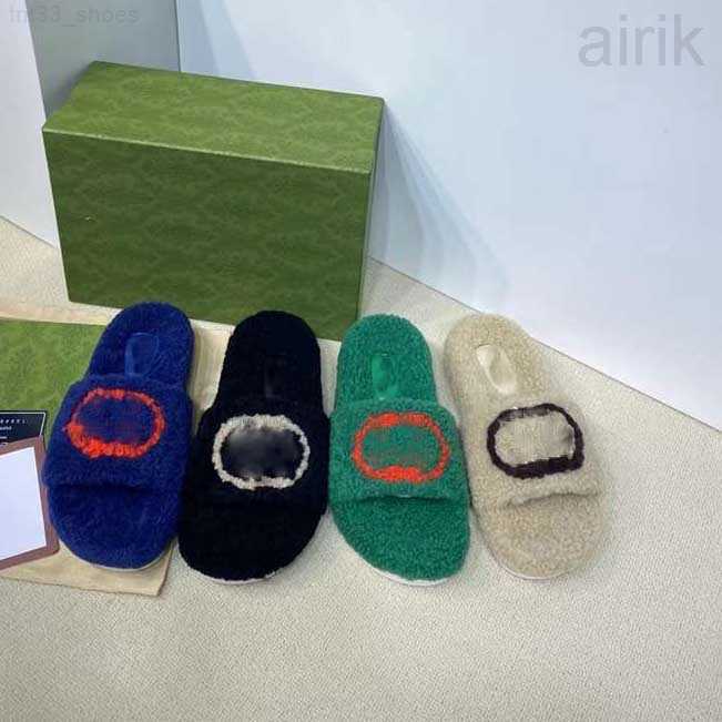 

Designer Double G Slippers Female French Fashion Winter Versatile Flat Bottom Non-slip Casual Net Drag Letter Thick-soled Lambs Wool, Black